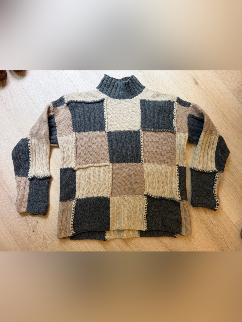 J crew patchwork 100% Shetland wool sweater, one size